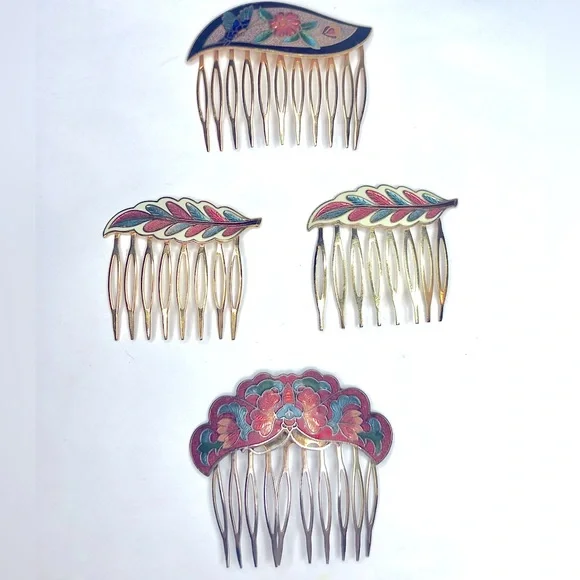 Vintage Cloisonné Bird & Floral Hair Comb Vintage Cobalt Blue Cloisonne Hair Comb, Bird Flower  main image 3